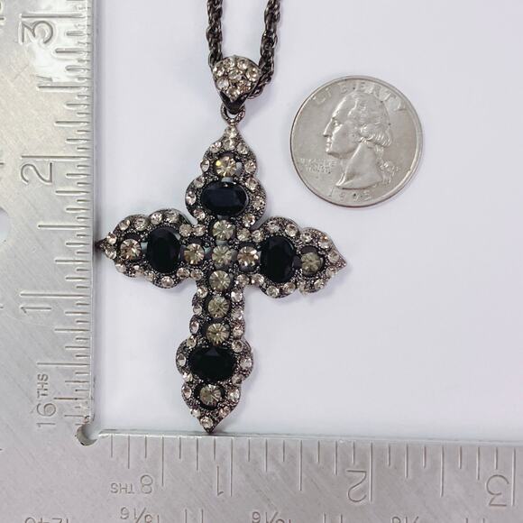 Gothic Cross Necklace Black Glass Rhinestone Silver Tone Statement Faith Pendant - Picture 10 of 13
